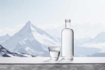 Mock up premium strong alcohol drink with glass in 
clear transparent bottle. Russian vodka from melt water concept with mountains on background. Copy space. 