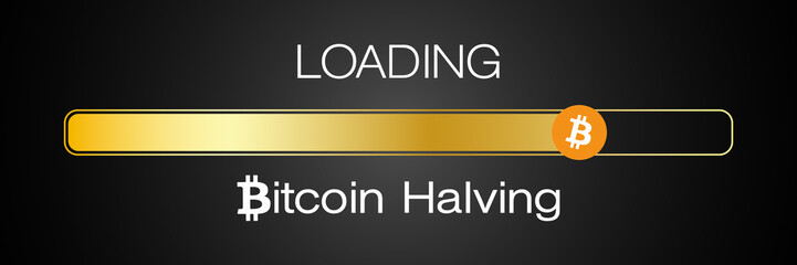 Illustration of a loading bar for Bitcoin halving. Reward for Bitcoin cryptocurrency mining is cut in half in 2024 concept.