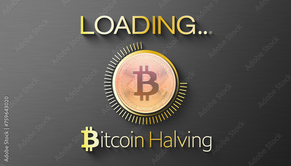 Poster illustration of a loading bar for bitcoin halving. reward for bitcoin cryptocurrency mining is cut i