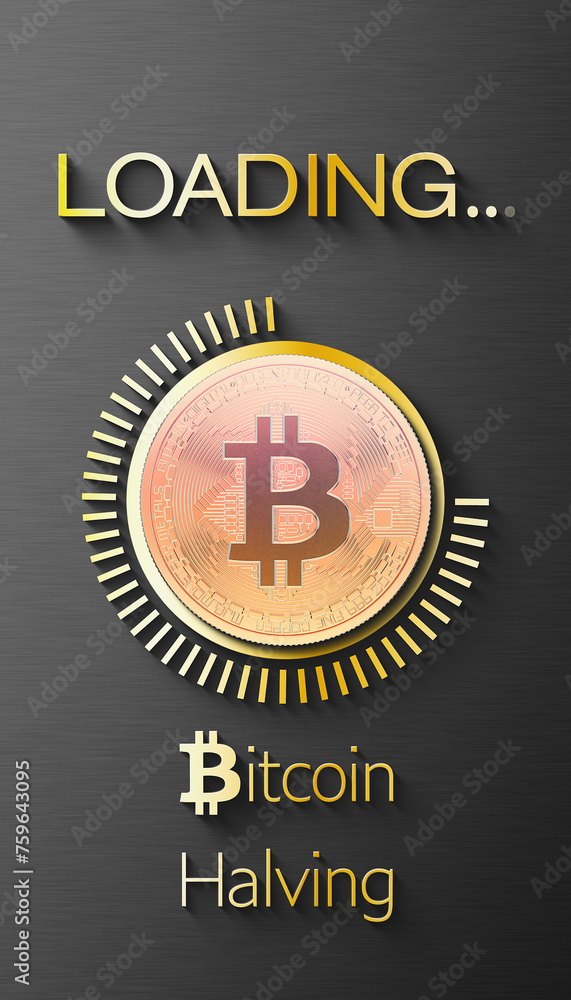 Poster illustration of a loading bar for bitcoin halving. reward for bitcoin cryptocurrency mining is cut i