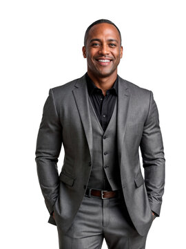 A man wearing a grey suit and black shirt stands with his hands in his pockets, smiling at the camera.