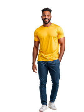A man with a beard wearing a yellow t-shirt and blue pants