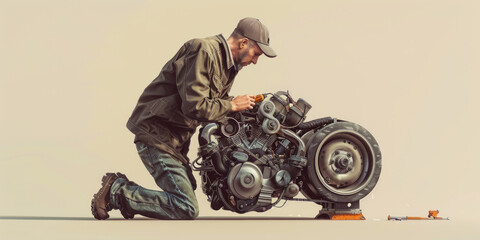 An individual in casual attire is intently focused on repairing or customizing a unique motorcycle design