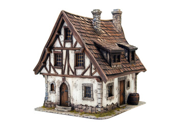 3D Isolated Medieval House Against A Transparent Background. Medieval Fantastic House Concept For Video Game, Role Play Game Or Wargame