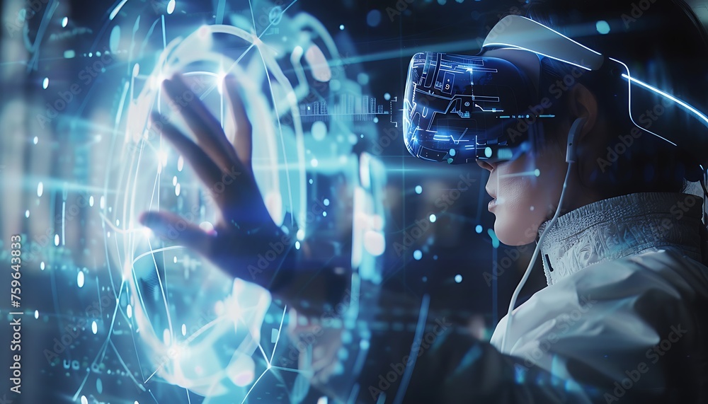 Poster embodying innovative leadership, a close-up of a leader engaging with futuristic data streams in vir