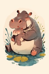 Naklejka premium Mother hippopotamus hugs her baby, father hippo and son, daughter, illustration about parents and children, cute animals for prints and decor 