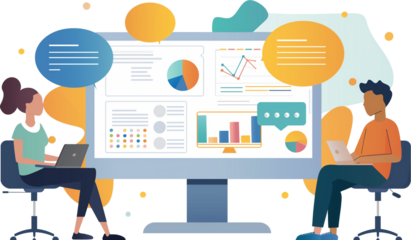 Meeting illustration, brainstorming meeting with charts and graphs using a laptop and large monitor, transparent background.