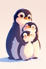 Mother penguin hugs her baby, father and sons, daughters, illustration about parents and children, cute birds for prints, stickers and decor 