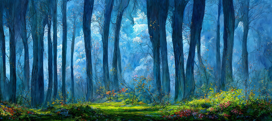 Watercolor like misty woods in spring with colorful wildflowers and vibrant green grass. - obrazy, fototapety, plakaty