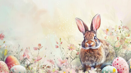 Watercolor illustration. Bunny with Easter eggs and delicate wildflowers. Charming springtime atmosphere. - 759644413