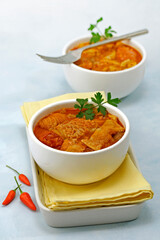 Tapa of Callos con chorizo. Typical meal from Spain.