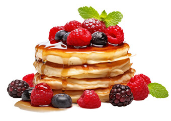 Pancakes stack with different berries and honey isolated on white background, Generative AI