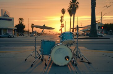 A blue drum set positioned in the middle of a city street with a row of palm trees, catching the...