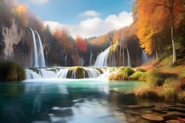 Amazing morning view of pure water waterfall in Plitvice National Park. Marvelous autumn scene of...