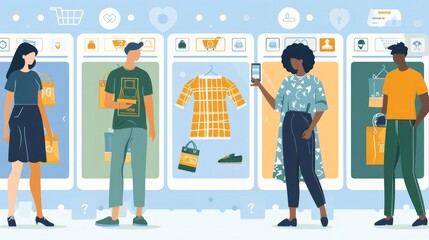 Illustration of a diverse group of shoppers browsing through virtual aisles on a digital marketplace platform