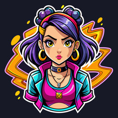 Sticker featuring a stylish girl with bold, graffiti-inspired accessories, exuding attitude and personality, ideal for adding edge to t-shirt designs