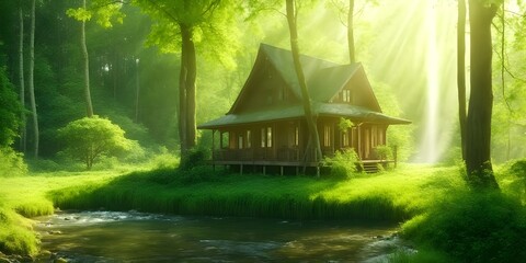 Beautiful House in the middle of the forest, green nature, riverside, Sunrays on the house,
