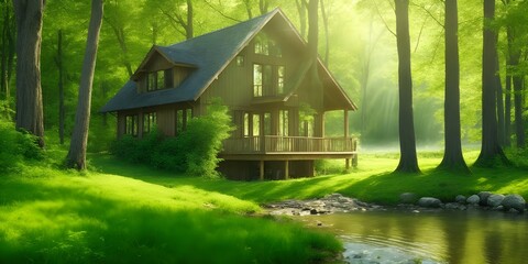 Beautiful House in the middle of the forest, green nature, riverside, Sunrays on the house,