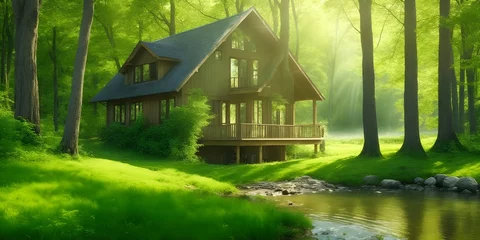 Foto auf Acrylglas Beautiful House in the middle of the forest, green nature, riverside, Sunrays on the house, © Naksh