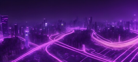 Smart city at night and abstract dot point connect with gradient purple line and aesthetic Intricate wave line design , big data connection technology concept