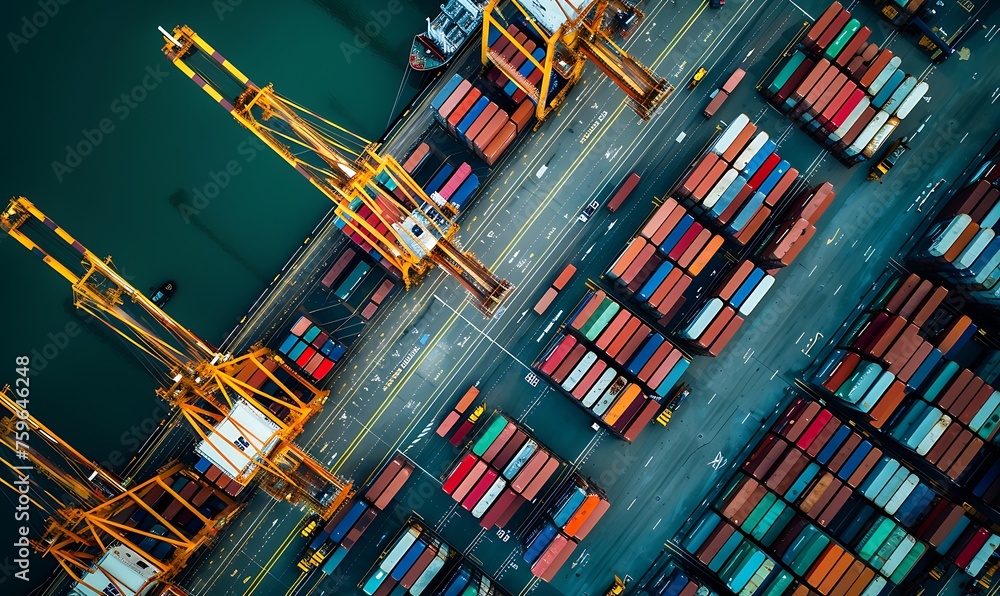 Aufkleber capturing economic dynamism, a close-up view of a busy trade port with shipping container operations