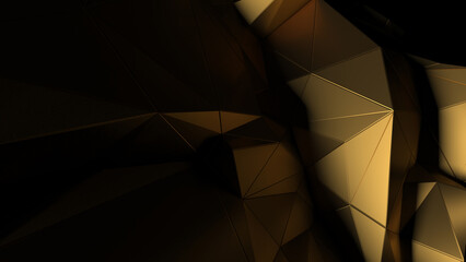 Golden Geometric Facets. Abstract golden facets highlighted by light on black background. Abstract overlay background. Can be used as a texture or background for design projects, scenes, etc.
