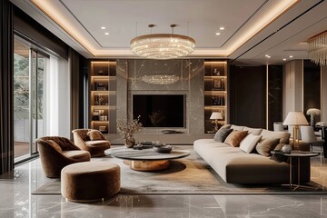 Fototapeta na wymiar An ultra-modern living room. Sleek and minimalist design with luxurious finishes, such as polished marble floors, crystal chandeliers, and plush velvet furnishings