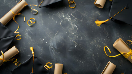 Background with a group of graduation caps and colorful streamers neatly arranged on a wooden table. The caps symbolize academic achievement, while the streamers add a festive touch to the celebration