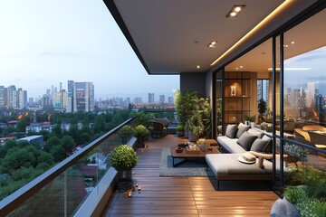 apartment condominium interior design living room and balcony terrace with background of urban city...