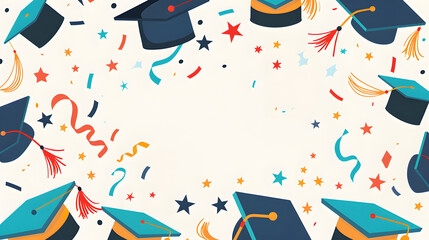 A group of graduation caps and colorful streamers are scattered on the background, signaling a joyous celebration of academic achievement. 
