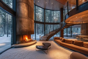 a beautiful house, in which the fireplace is given a lot of attention, impressive design, modern and clean