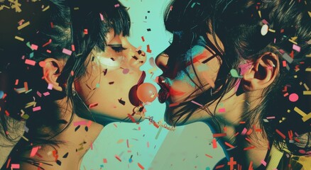 Colorful artistic shot with two women face to face with confetti, and vivid makeup on multicolored...