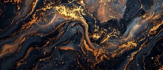 Abstract liquid marble floor with golden, brown, and dark grey and dark blue colors. Top view....