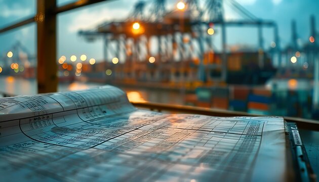 Export-Import Ledger on Tablet with Shipping Containers in Background, A Close-Up View