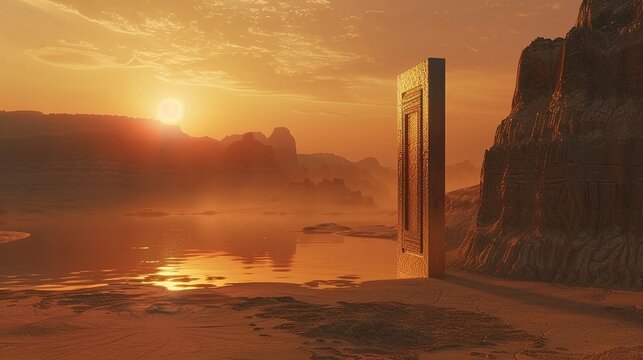 Door in the desert at sunset. Fantasy alien planet. Mountain and lake