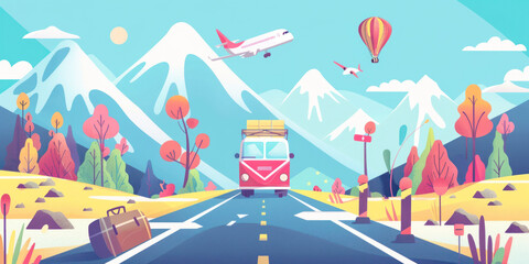 Travel to World. Road trip. Tourism concept, flat style illustration.