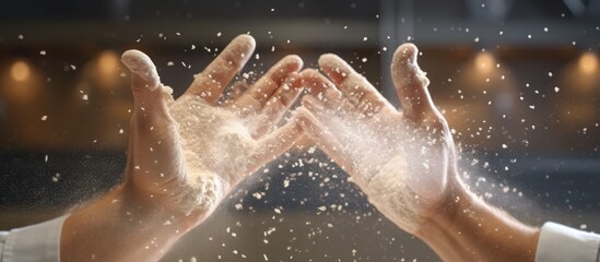 Hands making food. A sprinkle of white flour. kitchen background