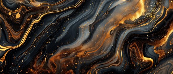 Abstract liquid marble floor with golden, brown, and dark grey and dark blue colors. Top view. Acrylic painting on canvas with gray glitter and gradient. Ink-beige backdrop with shiny wavy pattern