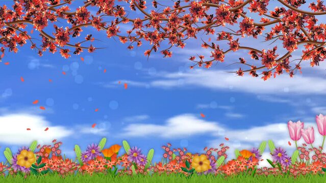 Beautiful spring flowers animation with blur sky background. Animated clip of nature landscape.