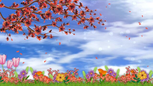 Beautiful animation of spring season. Nature landscape with colourful flowers and blur sky background