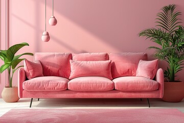 A pink pastel colored sofa in a pink walls living room mock up.Generated by AI.