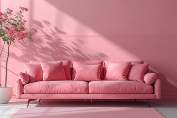 A pink pastel colored sofa in a pink walls living room mock up.Generated by AI.