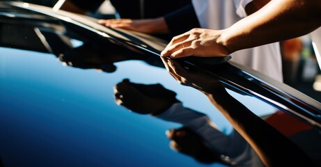 Vibrant close-up of car polishing, emphasizing motion and shine. - obrazy, fototapety, plakaty