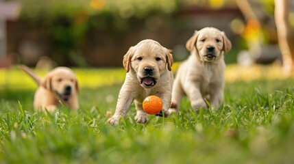 Puppies romp on lush green grass with ball, tails wagging with excitement - 759648696