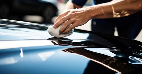 Vibrant close-up of car polishing, emphasizing motion and shine.