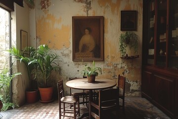 a room with a table, chairs and a painting on the wall.