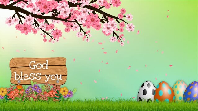 God bless you greetings on wooden board with decorated eggs and colourful flowers. Beautiful pink flower and egg animation for easter holiday.