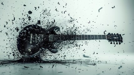 A vibrant background accentuates the explosion of a sleek black rock guitar, releasing a flurry of tiny black musical notes.