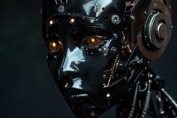 Female robot with black skin and golden eyes. Robot made of metal on a dark background