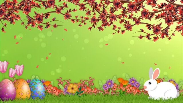 Beautiful animation of Easter holiday with cute bunny and colourful flowers on green blur background.